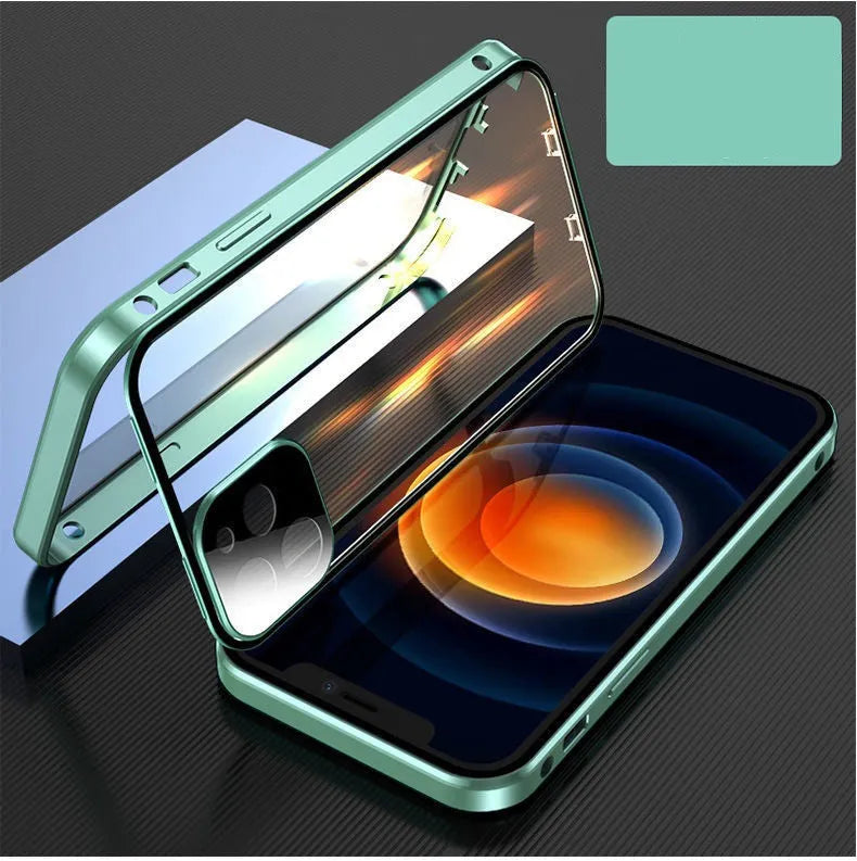 Silver aluminium metal bumper case with tempered glass back for iPhone on a table