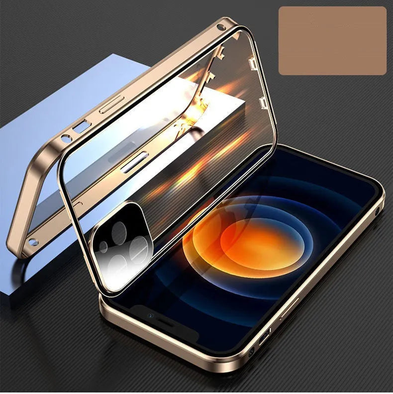 Silver aluminium metal bumper case with tempered glass back for iPhone on a table