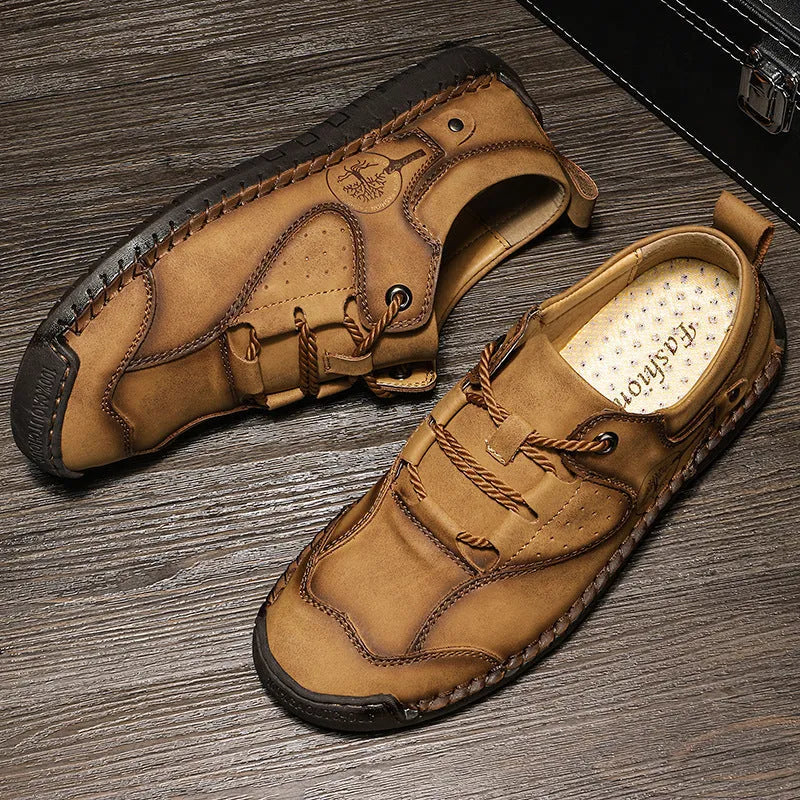 Men's casual leather shoes with round toe and microfiber upper in black, gold or khaki colours
