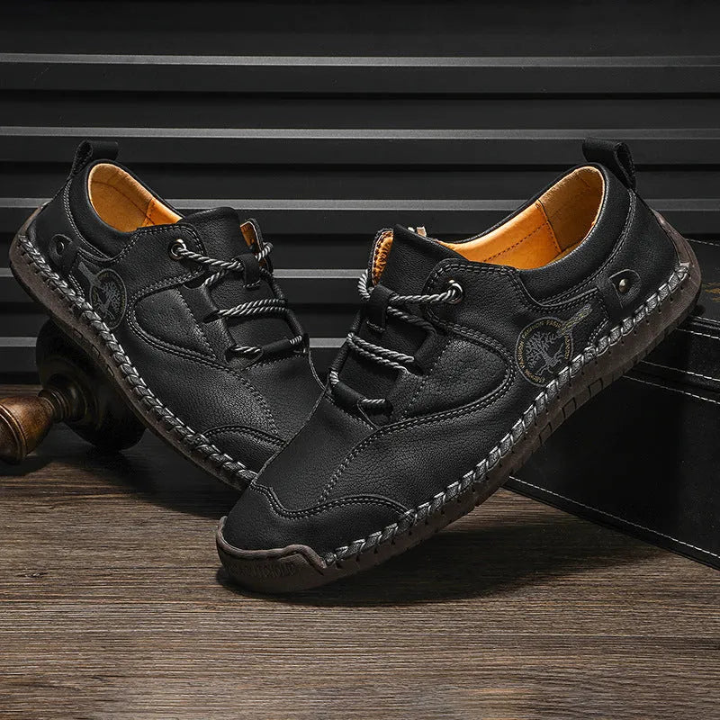 Men's casual leather shoes with round toe and microfiber upper in black, gold or khaki colours