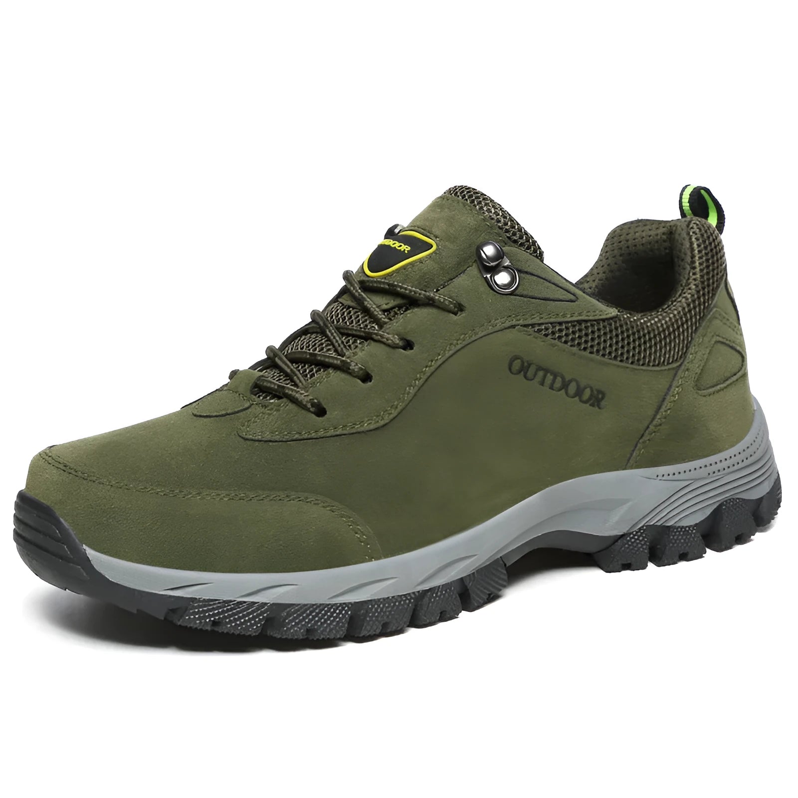 Men's low-top outdoor hiking shoe in army green with cloth upper and mesh lining