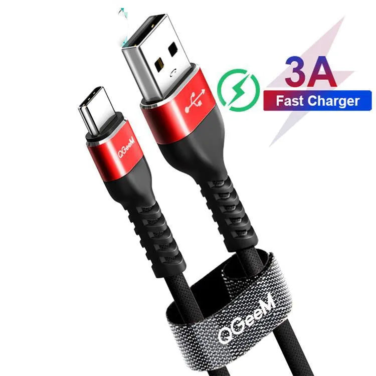USB A to Type-C fast charge data cable for Android phones in black or red colours