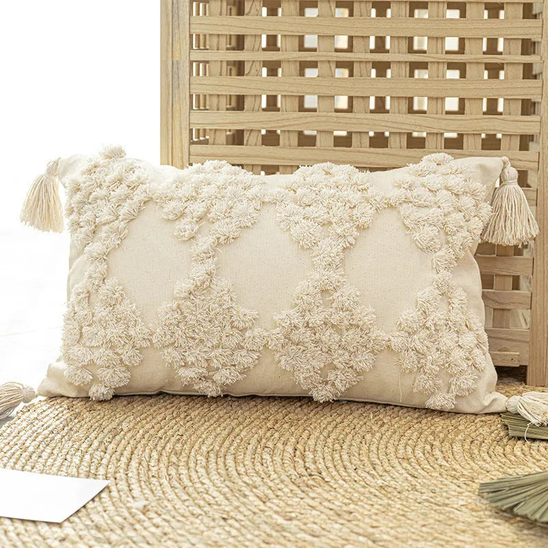 Tufted throw pillow with tassels in beige cotton canvas, square cushion cover for sofa