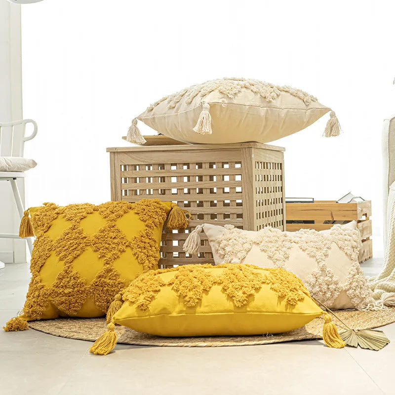 Tufted throw pillow with tassels in beige cotton canvas, square cushion cover for sofa
