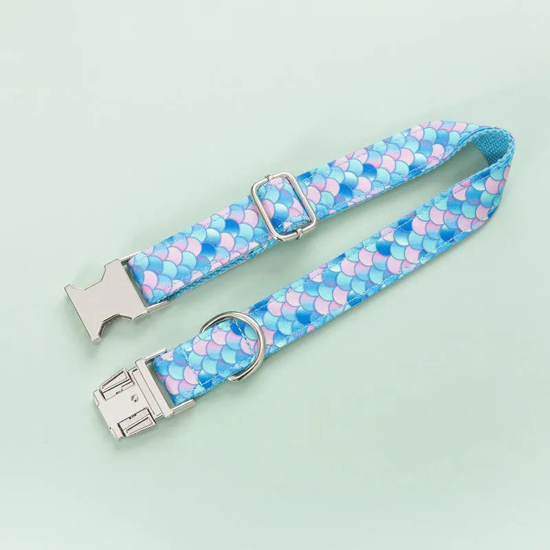 Blue mermaid polyester adjustable pet collar on white background showing buckle and size label