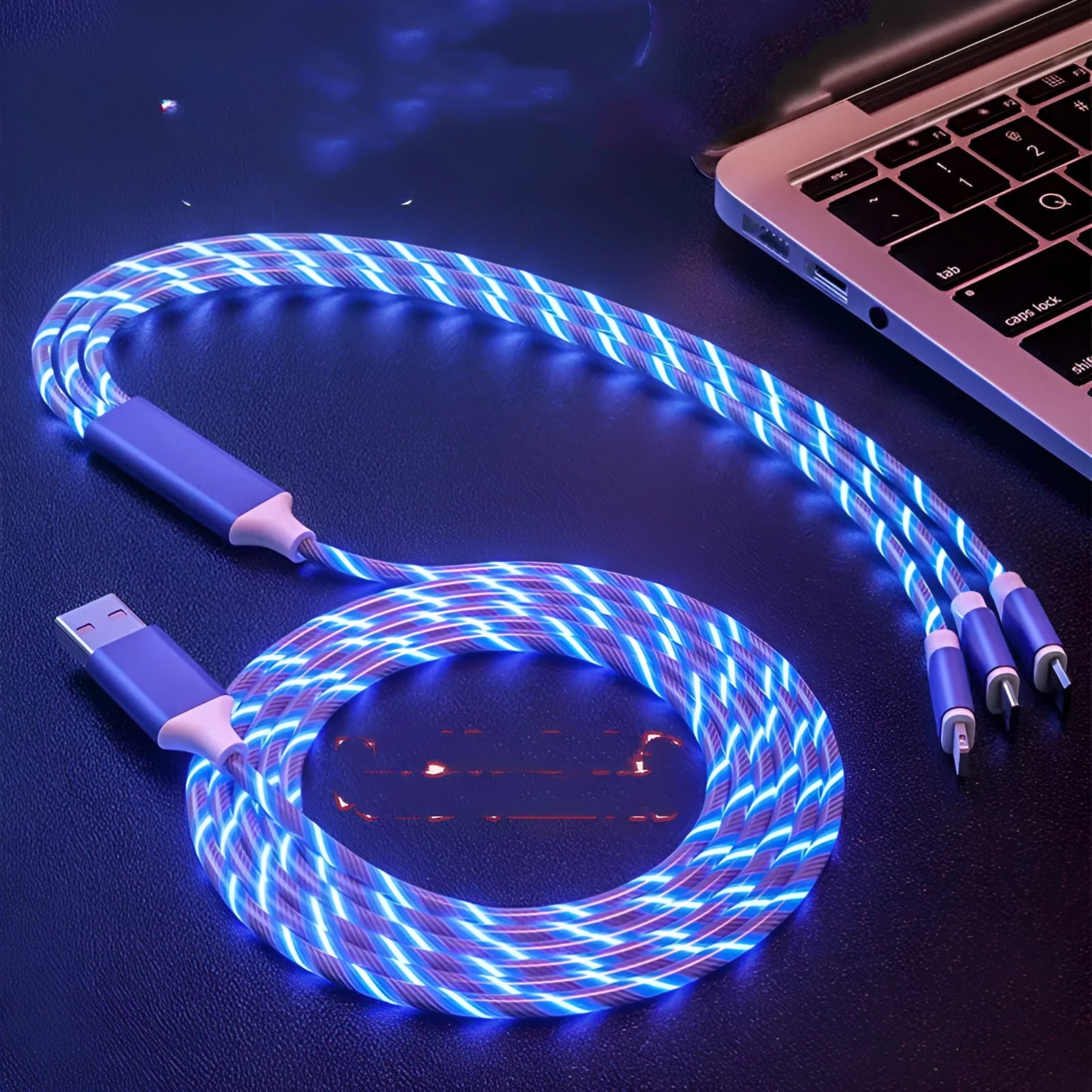 Colourful marquee USB data cable with one main plug and three branch connectors for charging multiple devices.