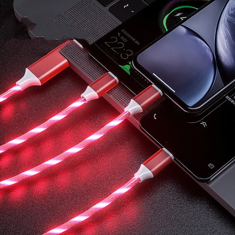 Colourful marquee USB data cable with one main plug and three branch connectors for charging multiple devices.