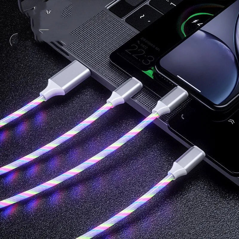 Colourful marquee USB data cable with one main plug and three branch connectors for charging multiple devices.