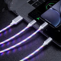 Colourful marquee USB data cable with one main plug and three branch connectors for charging multiple devices.