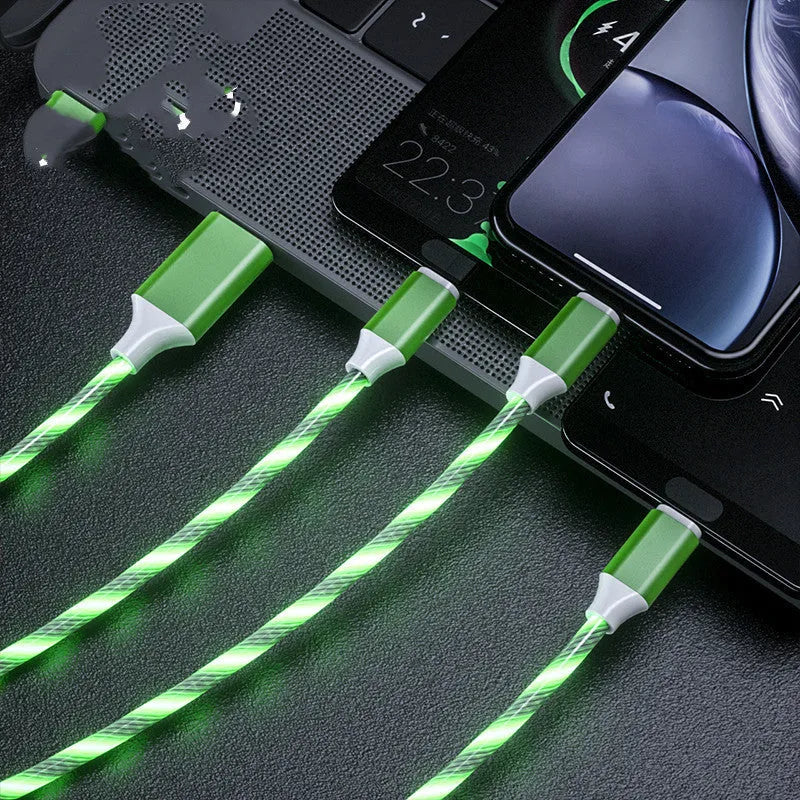 Colourful marquee USB data cable with one main plug and three branch connectors for charging multiple devices.