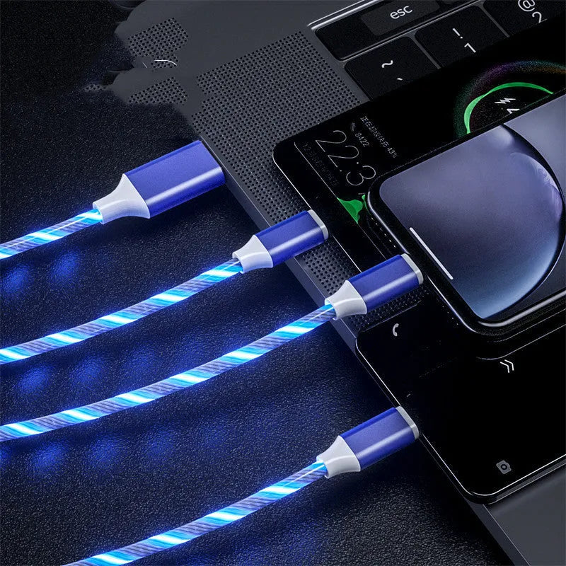 Colourful marquee USB data cable with one main plug and three branch connectors for charging multiple devices.