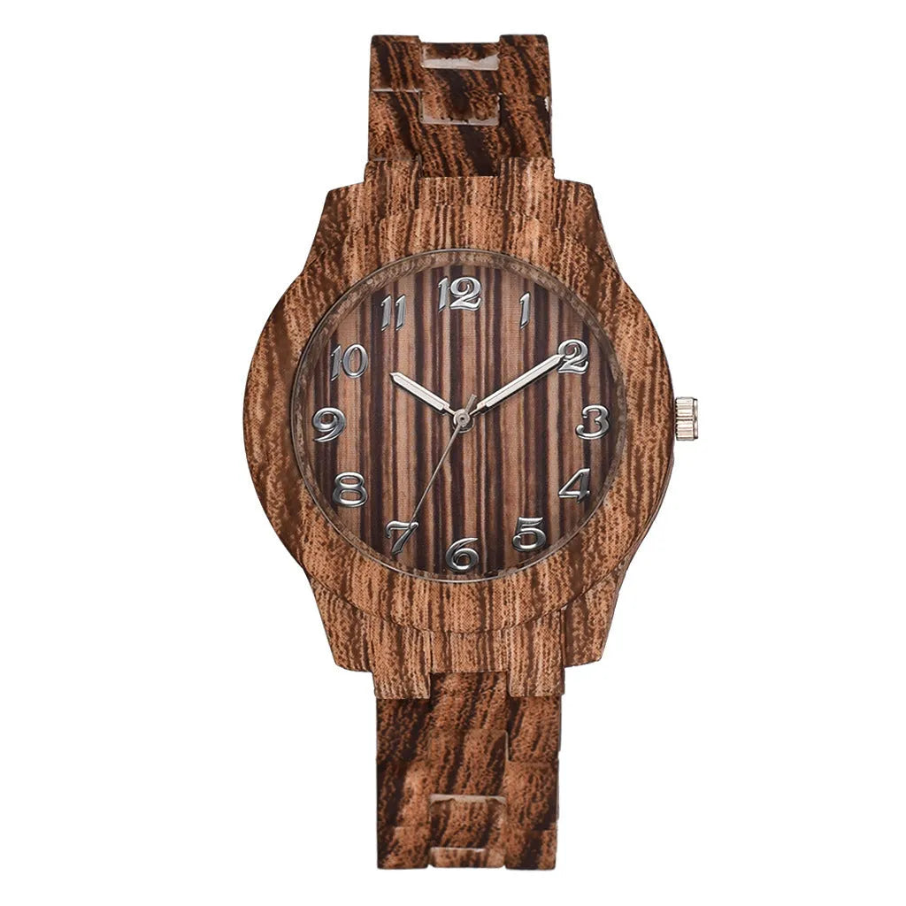 Wood grain dial quartz watch with brown silicone strap and single folding buckle clasp.