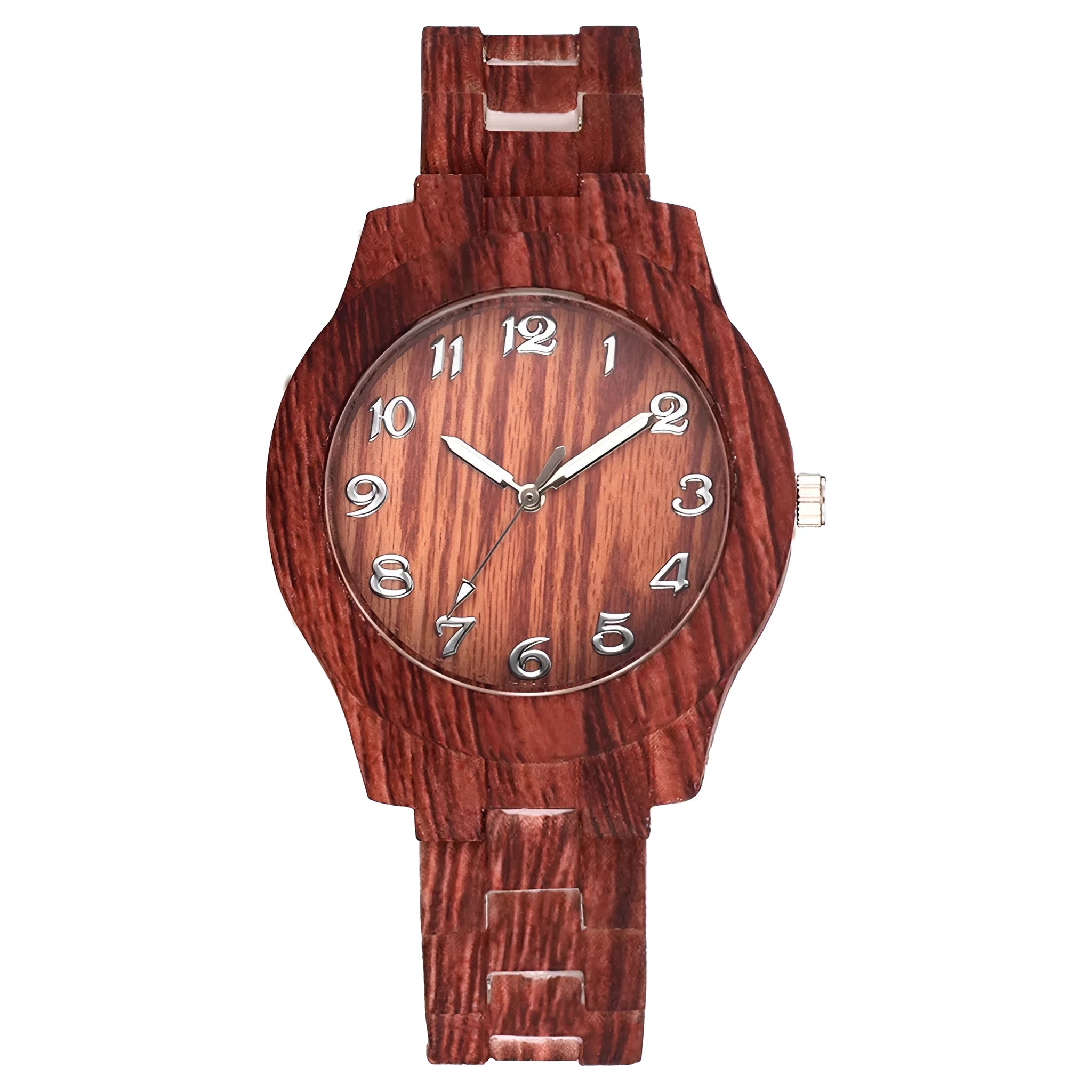 Wood grain dial quartz watch with brown silicone strap and single folding buckle clasp.