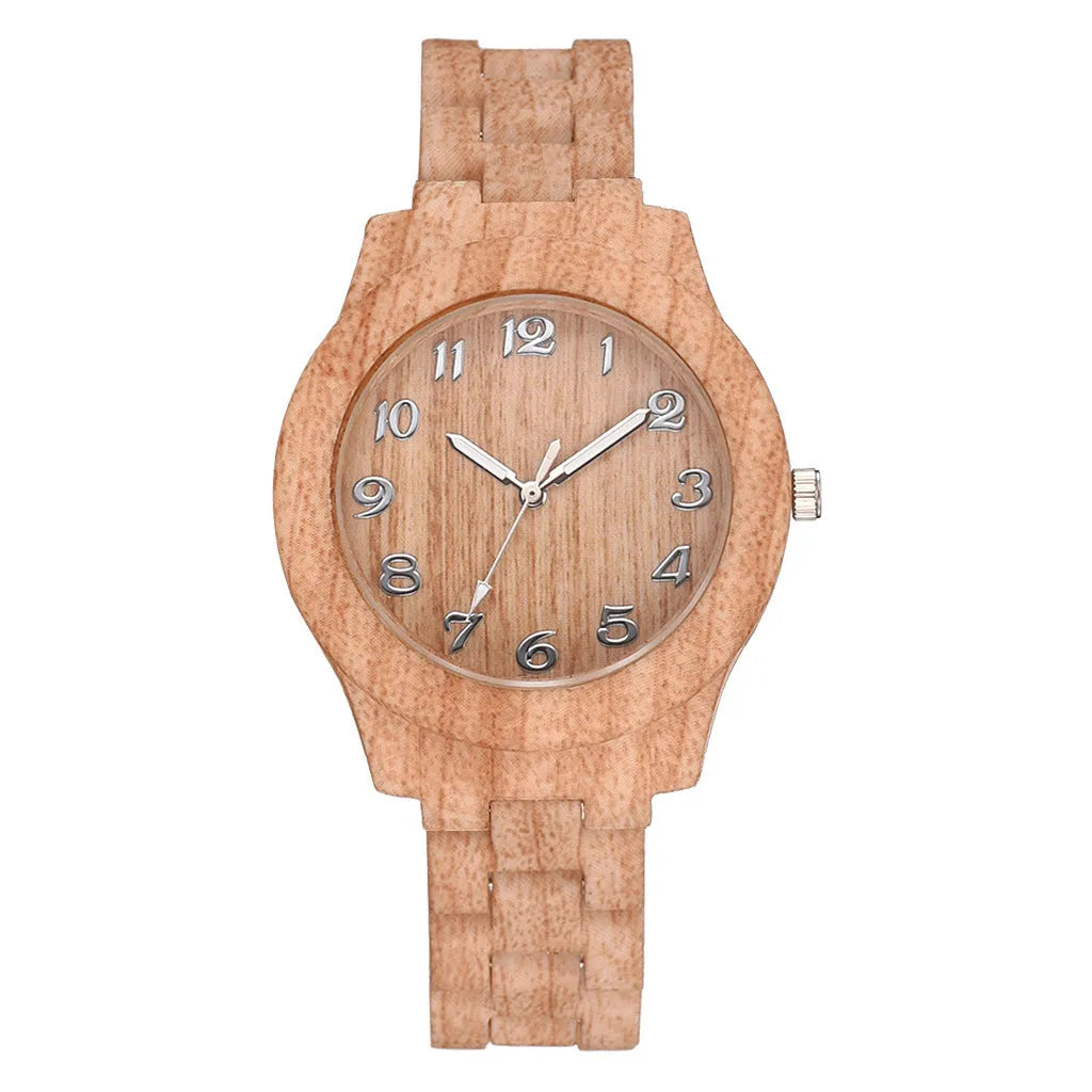 Wood grain dial quartz watch with brown silicone strap and single folding buckle clasp.