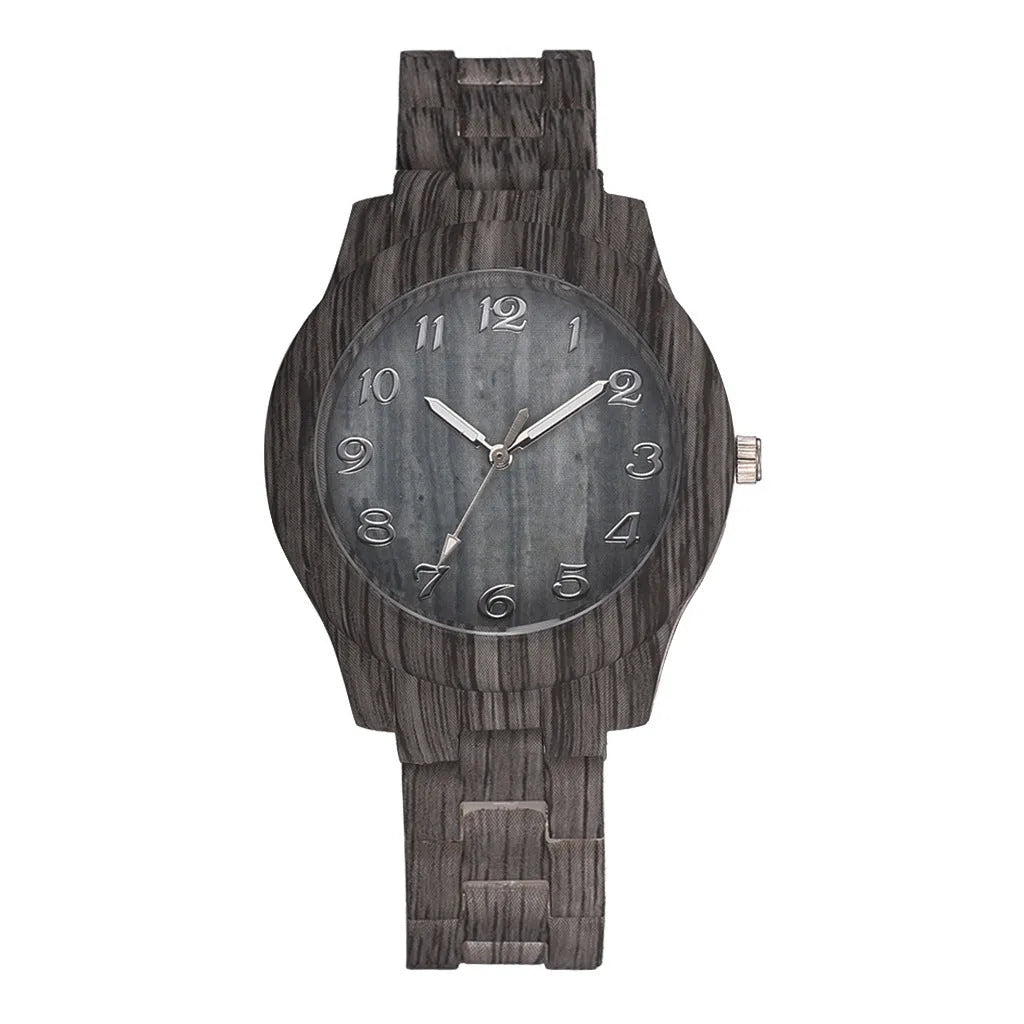 Wood grain dial quartz watch with brown silicone strap and single folding buckle clasp.