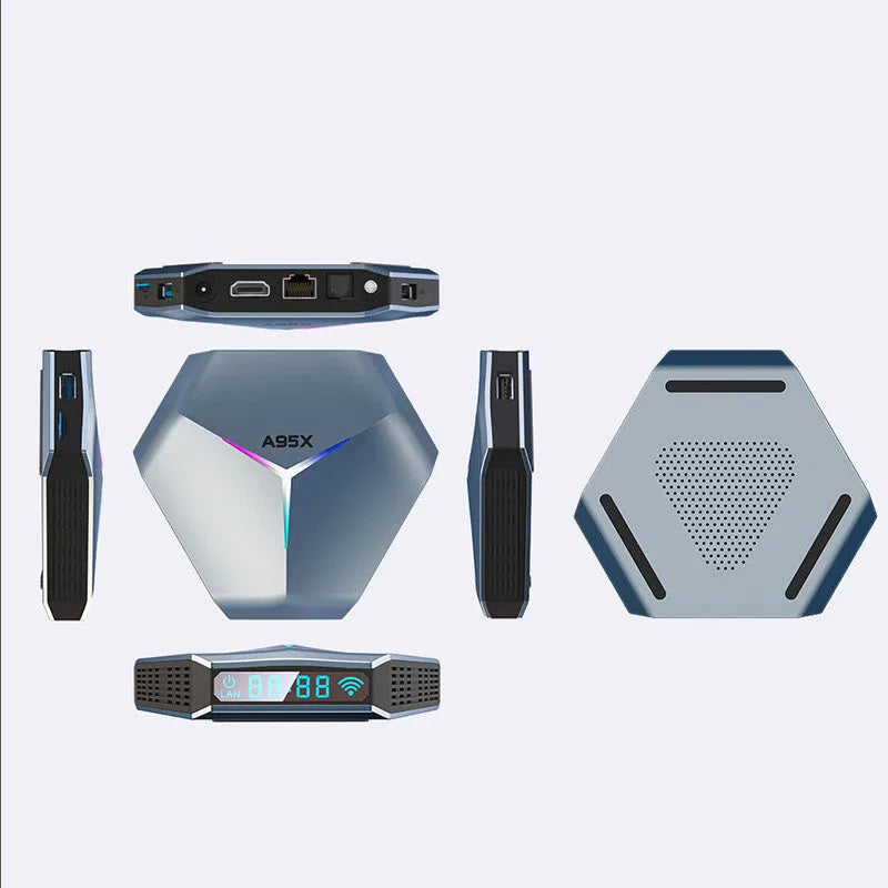 8K Android set-top box with Amlogic processor, remote control, HDMI cable, and international power adapters