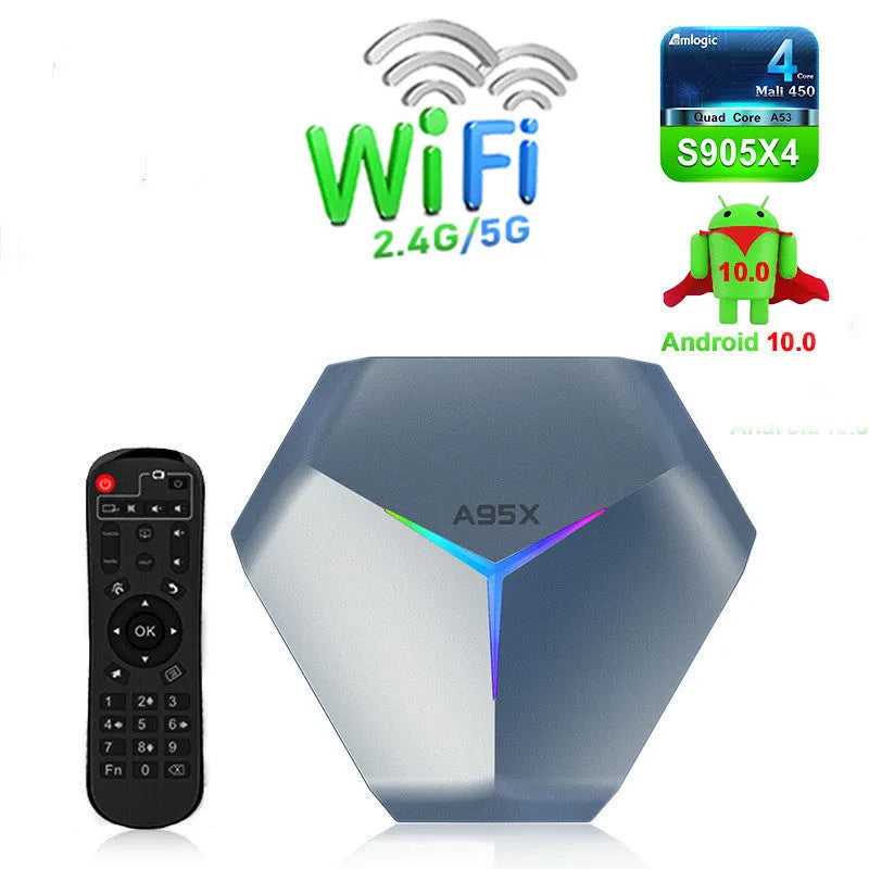 8K Android set-top box with Amlogic processor, remote control, HDMI cable, and international power adapters