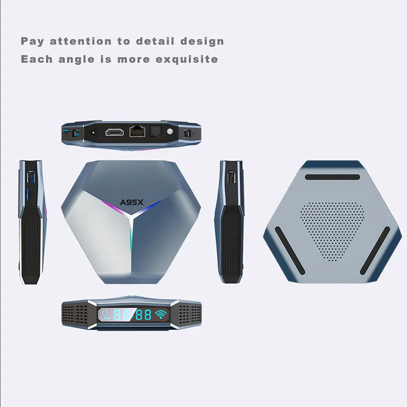 8K Android set-top box with Amlogic processor, remote control, HDMI cable, and international power adapters