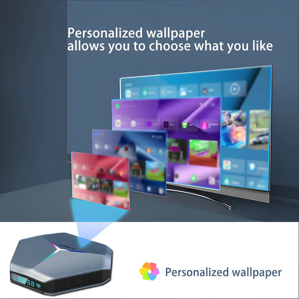 8K Android set-top box with Amlogic processor, remote control, HDMI cable, and international power adapters