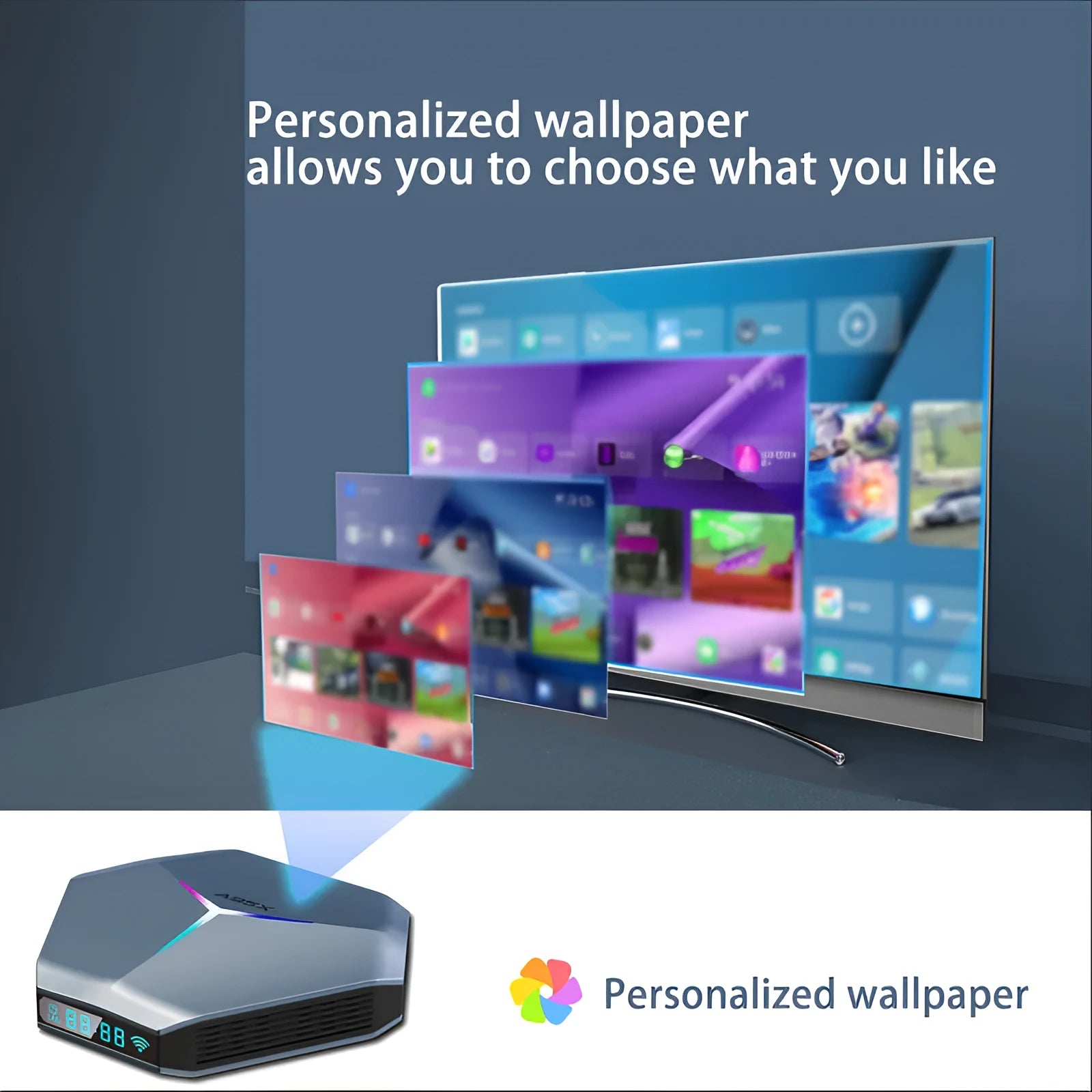 8K Android set-top box with Amlogic processor, remote control, HDMI cable, and international power adapters