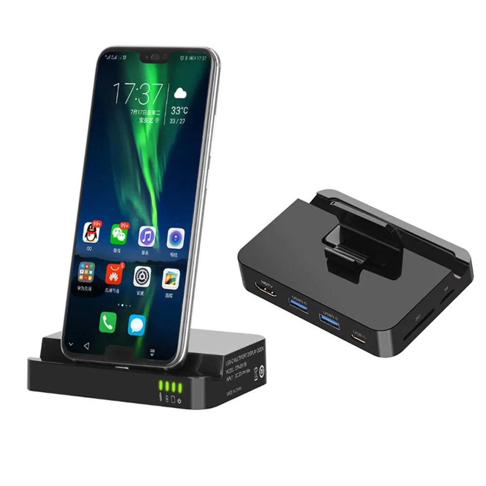 Black USB-C mobile phone dock converter for connecting phones to HD displays.