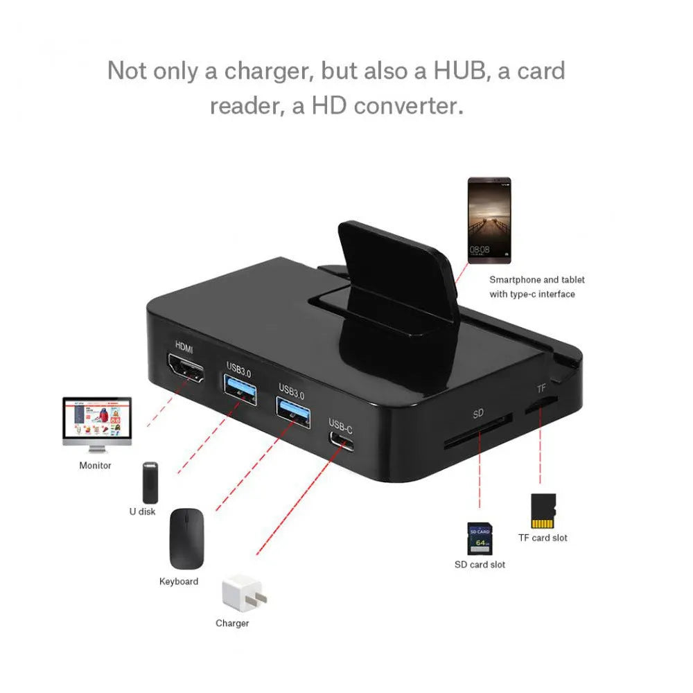Black USB-C mobile phone dock converter for connecting phones to HD displays.