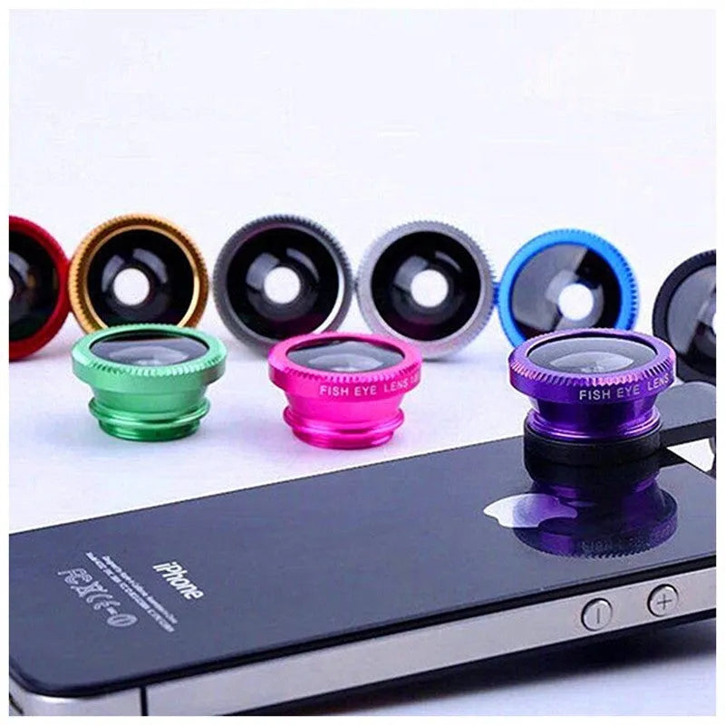 Smartphone clip-on lens kit showing fisheye lens and 2-in-1 wide angle macro lens with universal clip