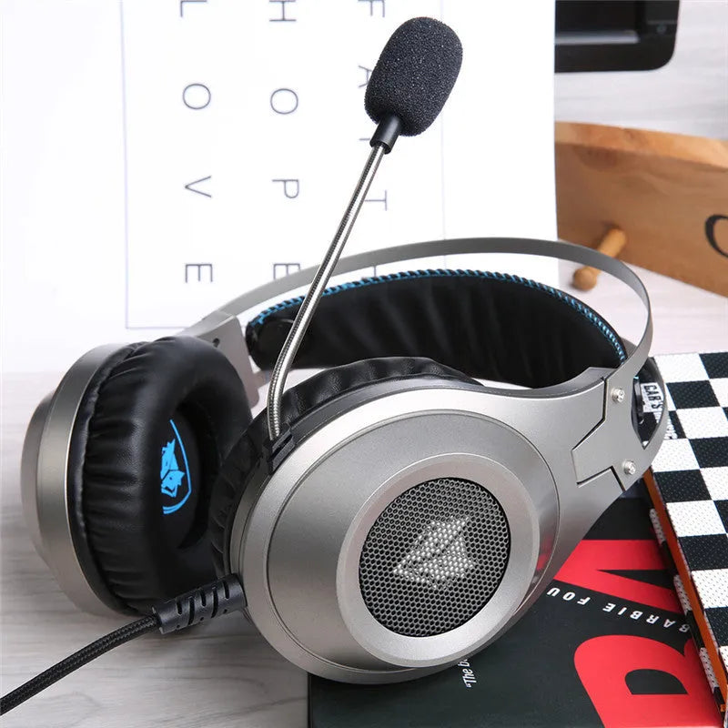Black wired computer headset with USB plug and head-mounted design featuring a microphone.