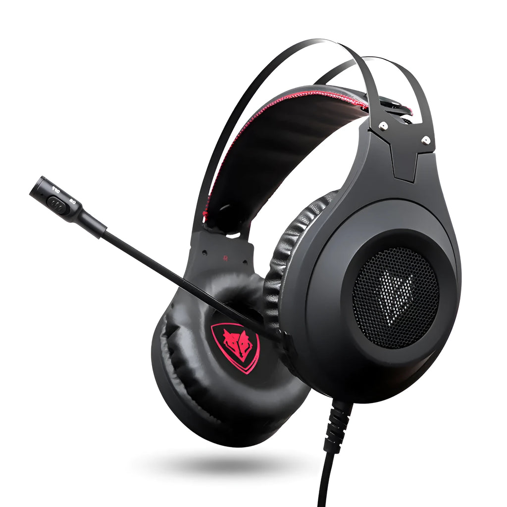 Black wired computer headset with USB plug and head-mounted design featuring a microphone.