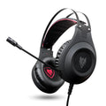 Black wired computer headset with USB plug and head-mounted design featuring a microphone.