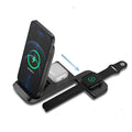Black foldable three-in-one wireless charger showing both flat and angled positions