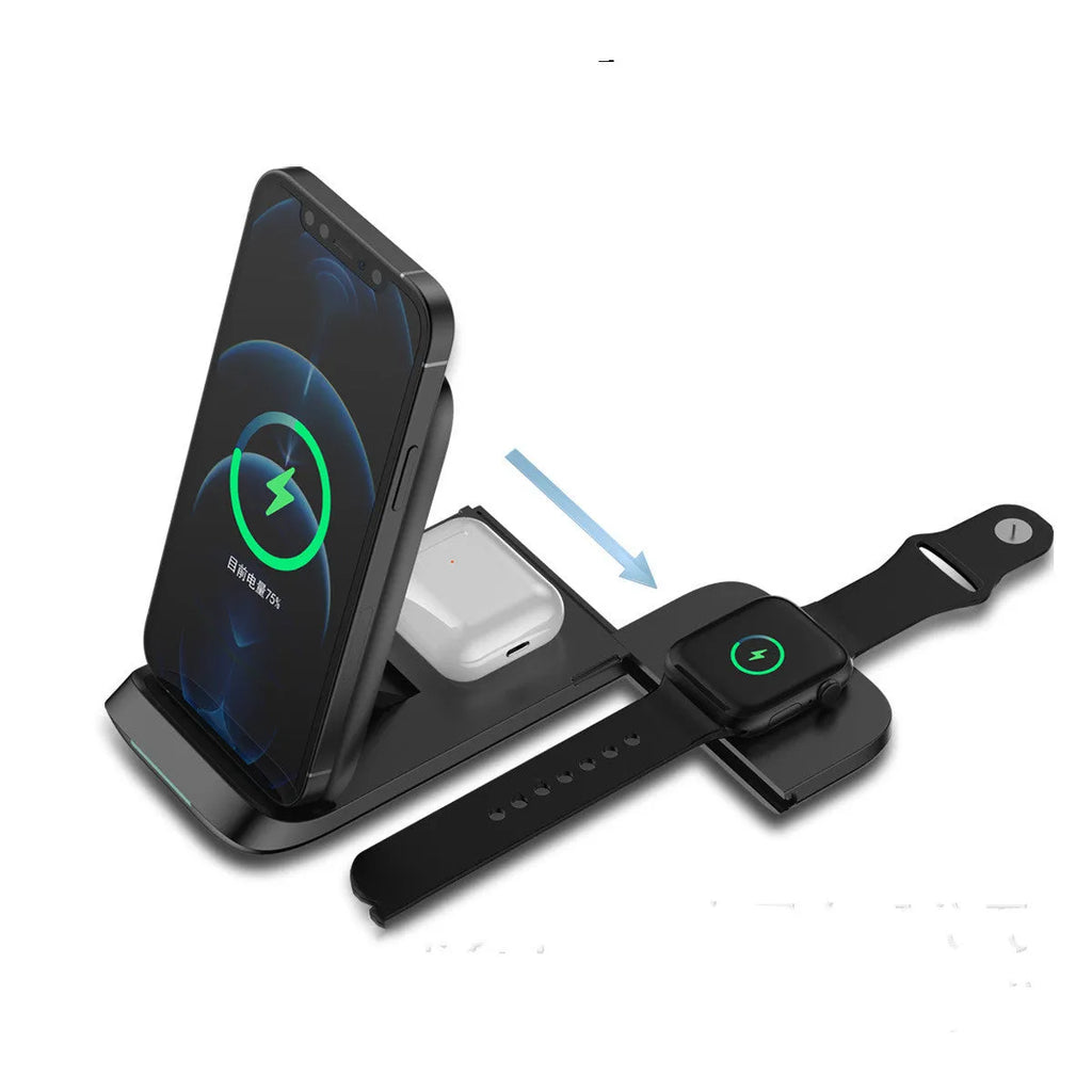 Black foldable three-in-one wireless charger showing both flat and angled positions