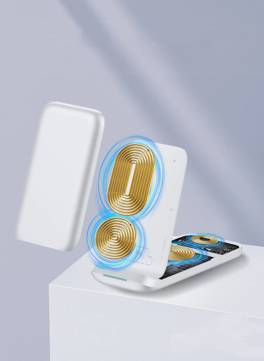 Black foldable three-in-one wireless charger showing both flat and angled positions