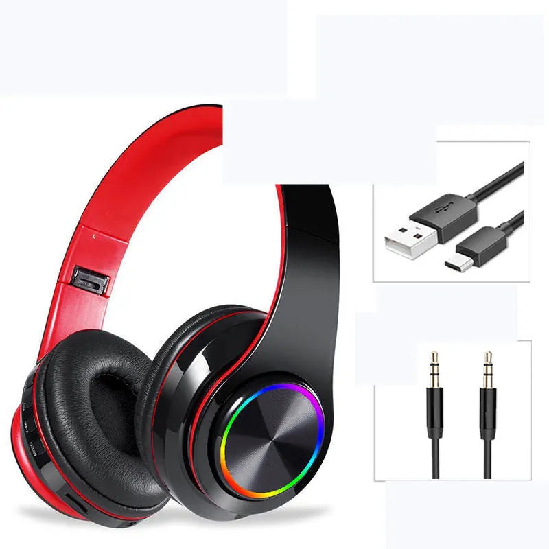 Over-ear LED wireless Bluetooth headphones in black with seven-colour breathing lights and padded ear cushions
