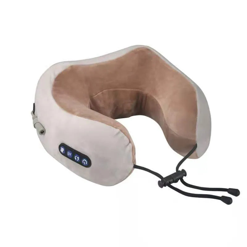Brown U shaped electric neck massage pillow with heating function on wooden table