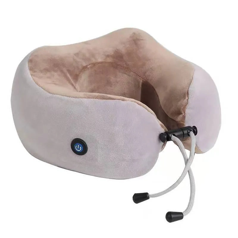Brown U shaped electric neck massage pillow with heating function on wooden table