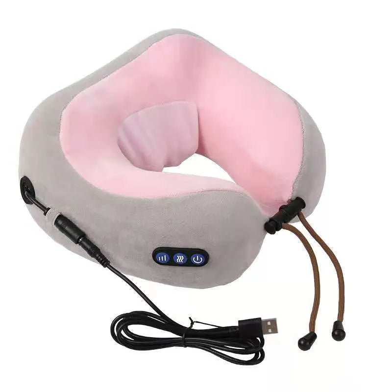 Brown U shaped electric neck massage pillow with heating function on wooden table