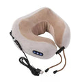 Brown U shaped electric neck massage pillow with heating function on wooden table