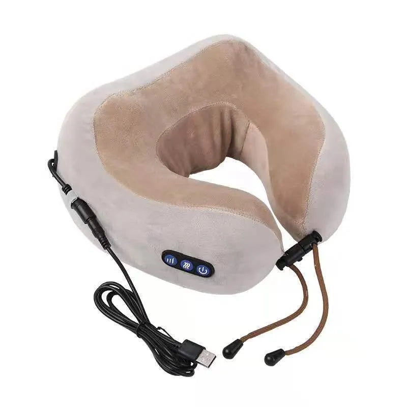 Brown U shaped electric neck massage pillow with heating function on wooden table