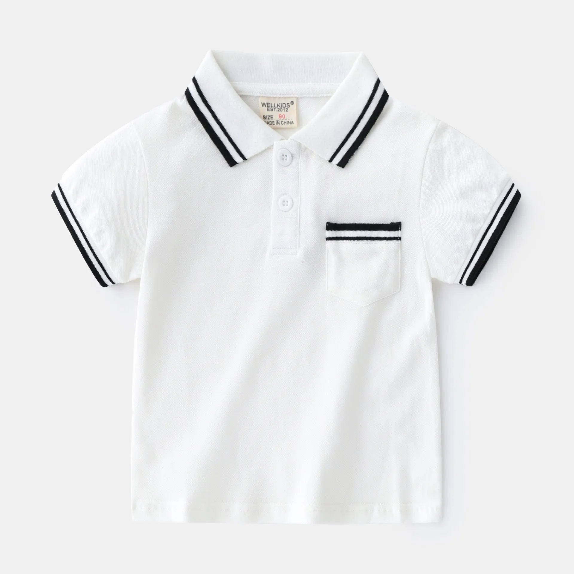 Boys' white and black short-sleeved cotton polo shirt for summer.