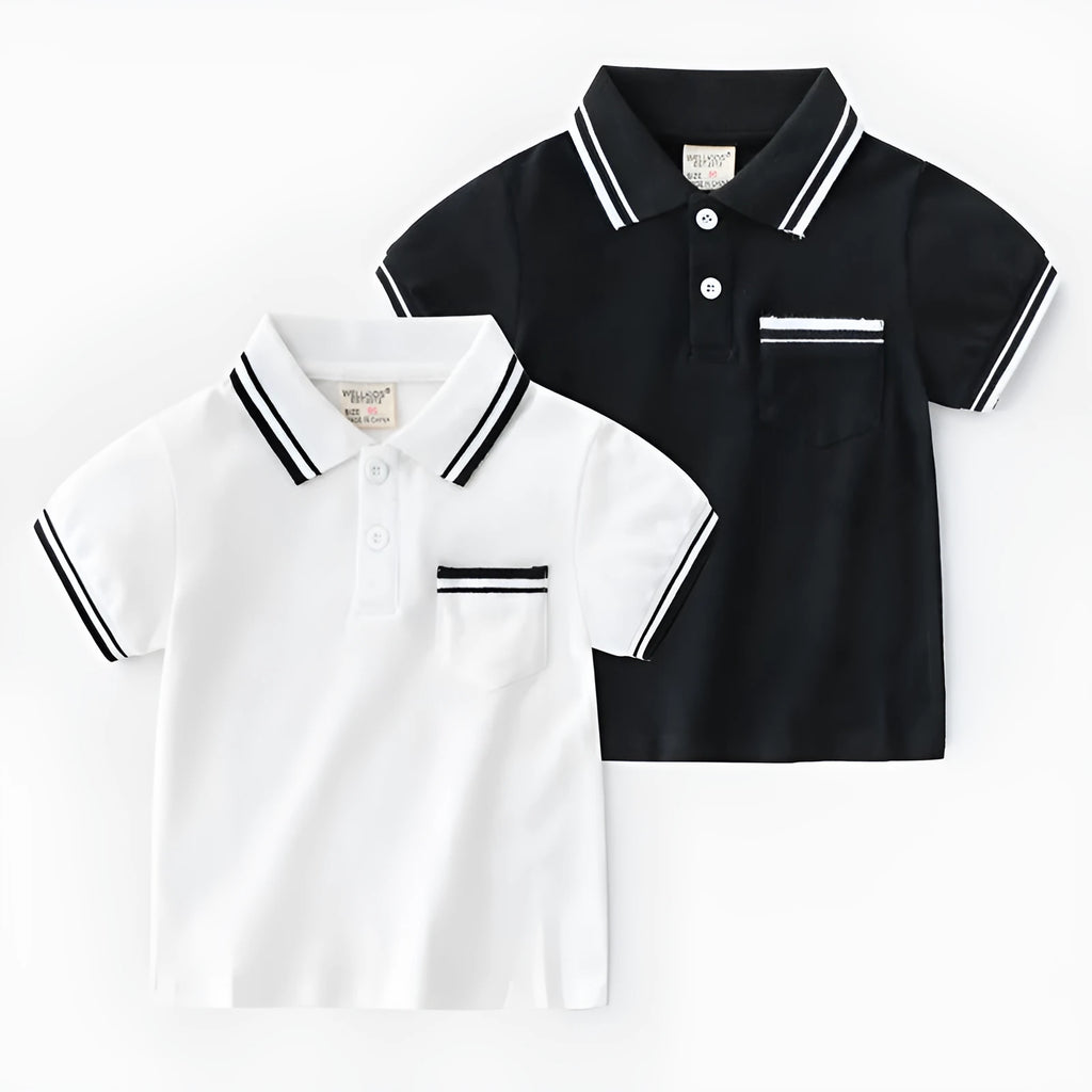 Boys' white and black short-sleeved cotton polo shirt for summer.