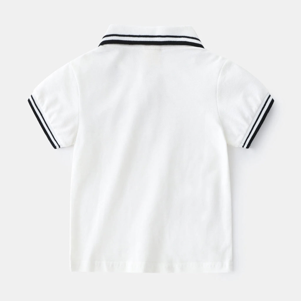 Boys' white and black short-sleeved cotton polo shirt for summer.