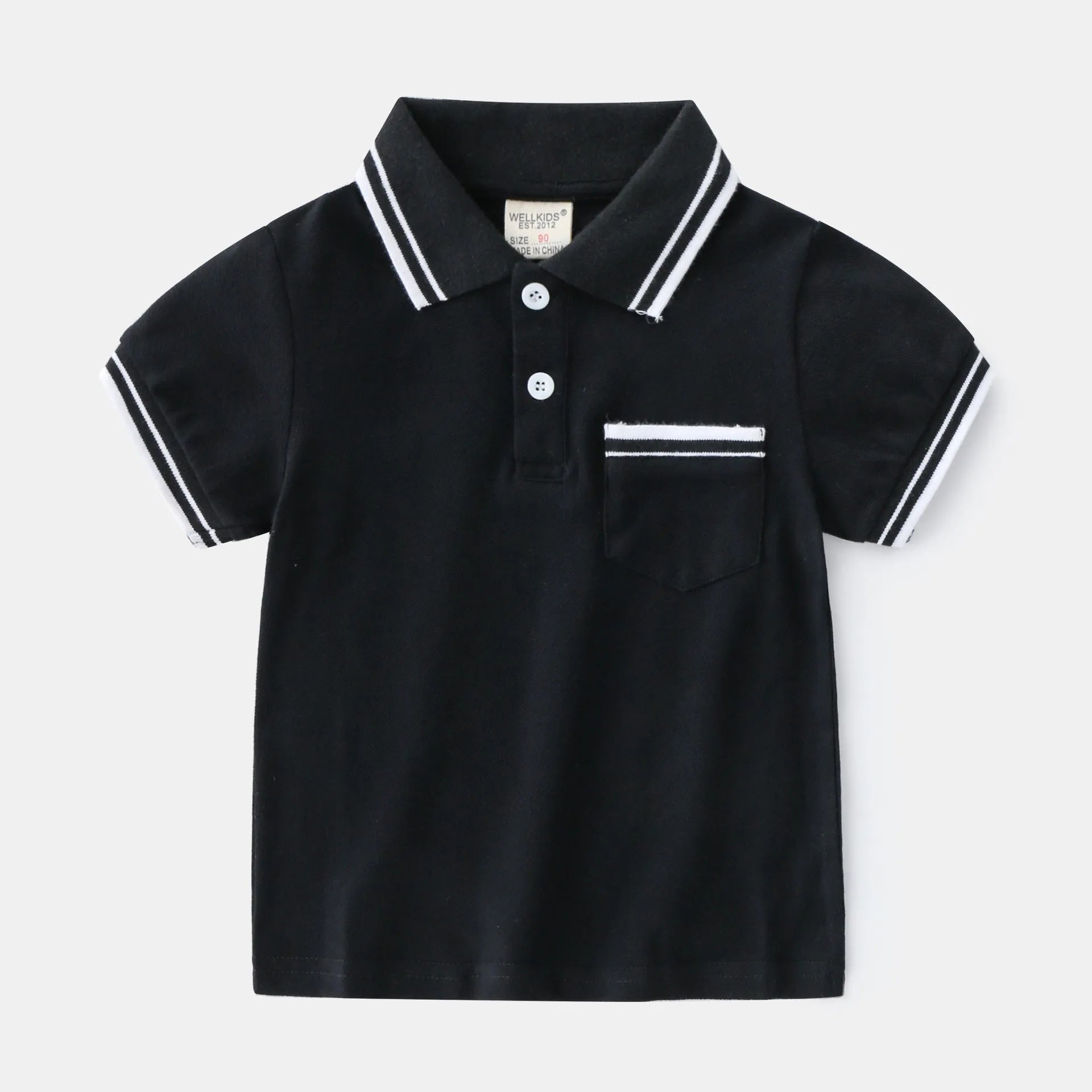 Boys' white and black short-sleeved cotton polo shirt for summer.