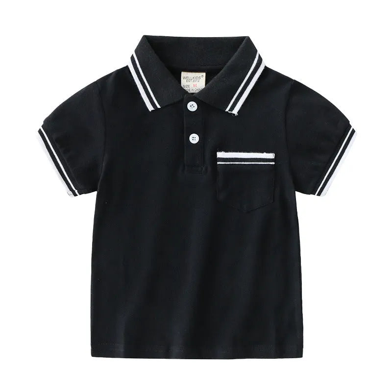 Boys' white and black short-sleeved cotton polo shirt for summer.
