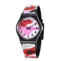 Children's quartz watch with blue PVC strap, 34mm dial, and cartoon-style face