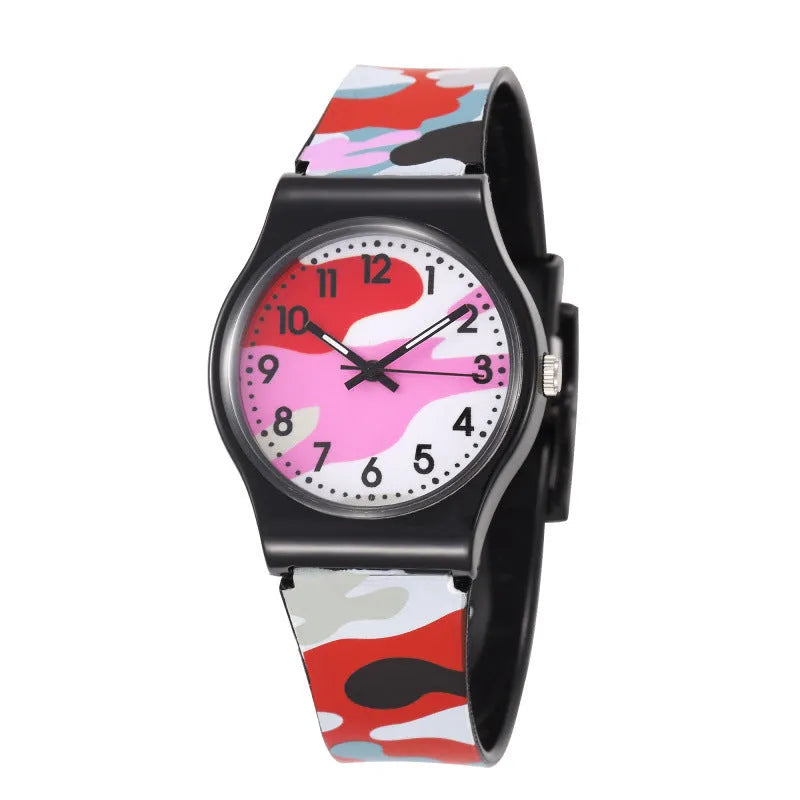 Children's quartz watch with blue PVC strap, 34mm dial, and cartoon-style face