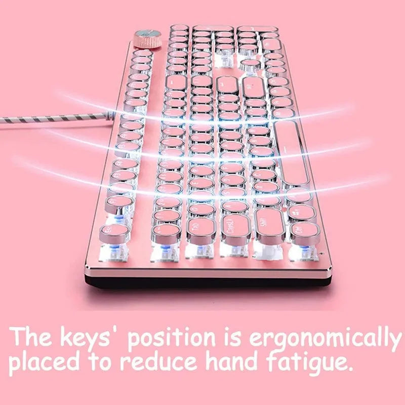 Queen Lipstick mechanical keyboard with silver base, pink keys, white backlighting, and green switches