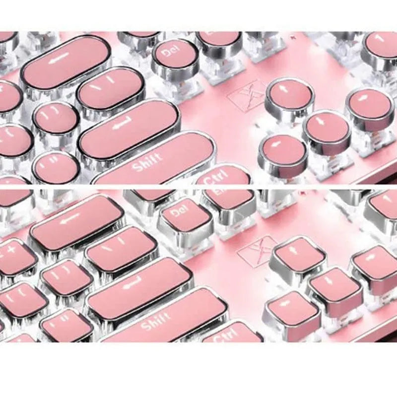 Queen Lipstick mechanical keyboard with silver base, pink keys, white backlighting, and green switches