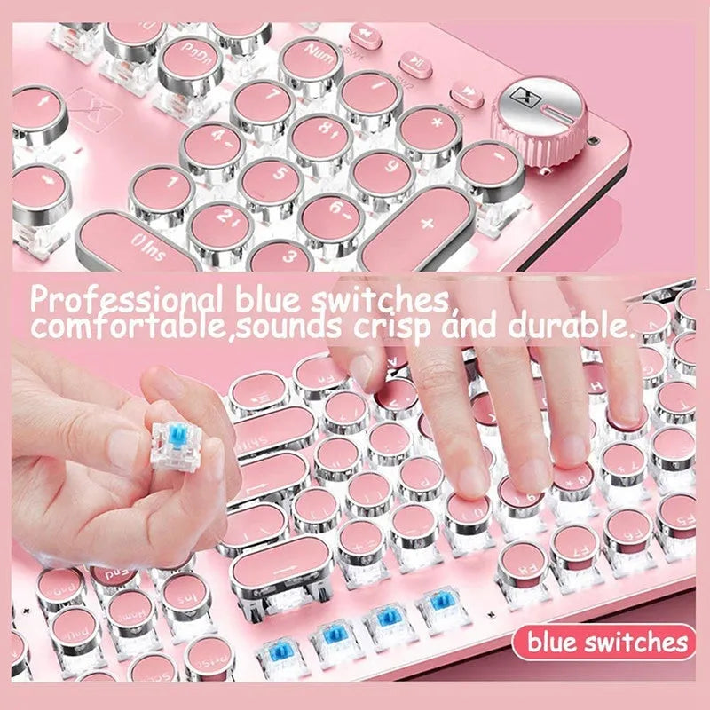 Queen Lipstick mechanical keyboard with silver base, pink keys, white backlighting, and green switches
