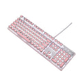 Queen Lipstick mechanical keyboard with silver base, pink keys, white backlighting, and green switches